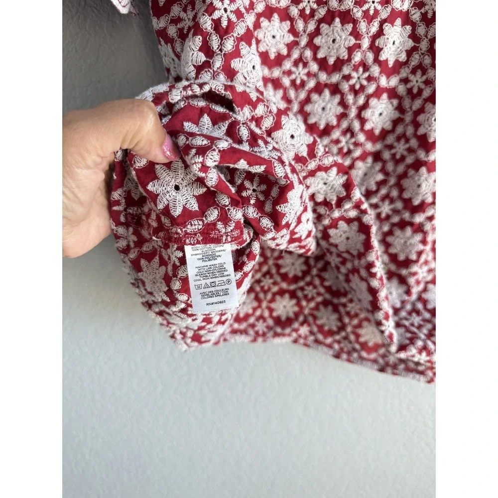 LOFT Floral Eyelet Lace Red Blouse Puff Sleeve Scallop Cottagecore Coquette XL
